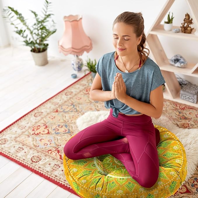 Mandala Meditation Cushion, Boho Meditation Mat, Meditation Pillows for Sitting on Floor, Cushions for Sitting in Home and Outdoor, Round Floor Pillows Cushion Seating for Yoga Accessories 22'' X 22''