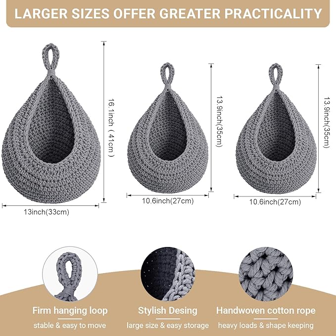 Hanging Fruit Baskets for Kitchen, 3 Pack Boho Cotton Rope Handwoven Vegetable Storage Wall Mounted Large Organizing Basket for Farmhouse Decor, Onion, Potato, Garlic and Plants