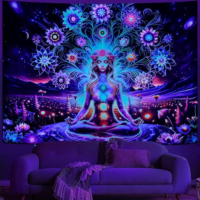 Dermijer Blacklight Seven Chakra Yoga Meditation Tapestry Flower Chakra Tapestries Galaxy Space Planet Tapestry UV Reactive Lotus Tapestries Wall Hanging for Home Decor 92.5L x 70.8W