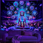 Dermijer Blacklight Seven Chakra Yoga Meditation Tapestry Flower Chakra Tapestries Galaxy Space Planet Tapestry UV Reactive Lotus Spiritual Tapestries Wall Hanging for Home Decor 59.1L x 51.2W