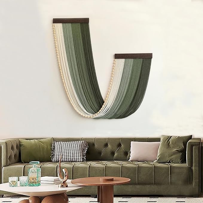 Achart Large Macrame Wall Hanging Dip Dyed Yarn Tapestry Ombre Yarn Gradient Color Macrame Wall Decor Macrame Tapestry Boho Decor for Bedroom Living Room Headboard Above Bed (Green + Bead)