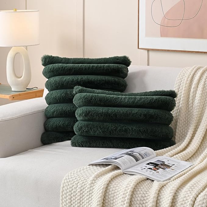 FUTEI Dark Green Decorative Throw Pillow Covers 24x24 Inch Set of 2, Square Soft Faux Rabbit Fur Thick Striped European Cushion Covers,Spring Home Decor for Couch Bed Living Room