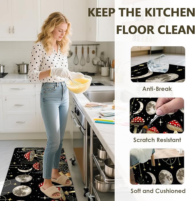 Mushrooms Rugs for Kitchen Floor,Moon Anti Fatigue Mats for Kitchen Floor Non Slip, 2PCS Rubber Kitchen Mat, Washable Cushioned Runner Carpet Rug for Sink Laundry 15.7"×27.5" +15.7"×47" 3.5mm Black