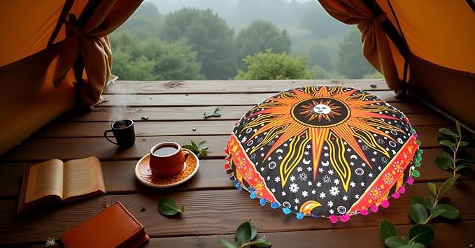 CRAFT KALA Large Round Bohemian Floor Pillow Pouf Cover Mandala Meditation Room Pillow Cover for Adults Boho Seating Poufs Cushion Cover for Kids Playroom 32" Round Orange Burning Sun