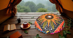CRAFT KALA Large Round Bohemian Floor Pillow Pouf Cover Mandala Meditation Room Pillow Cover for Adults Boho Seating Poufs Cushion Cover for Kids Playroom 32" Round Orange Burning Sun
