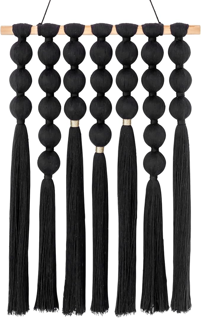 STRONA Handmade Macrame Wall Hanging – 16"W x 23"L Boho Tapestry with Gold Detail, Black Cotton Macrame Wall Art, Organic Modern Decor for Bedroom, Living Room, Entryway, Artisan Handcrafted in India