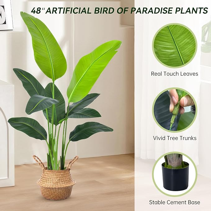 Bird of Paradise Plant Artificial 4ft, Faux Banana Leaf Tree with 9 Trunks in Pot and Woven Seagrass Belly Basket - The Perfect Silk Faux Plant for Indoor Outdoor House Living Room Decor