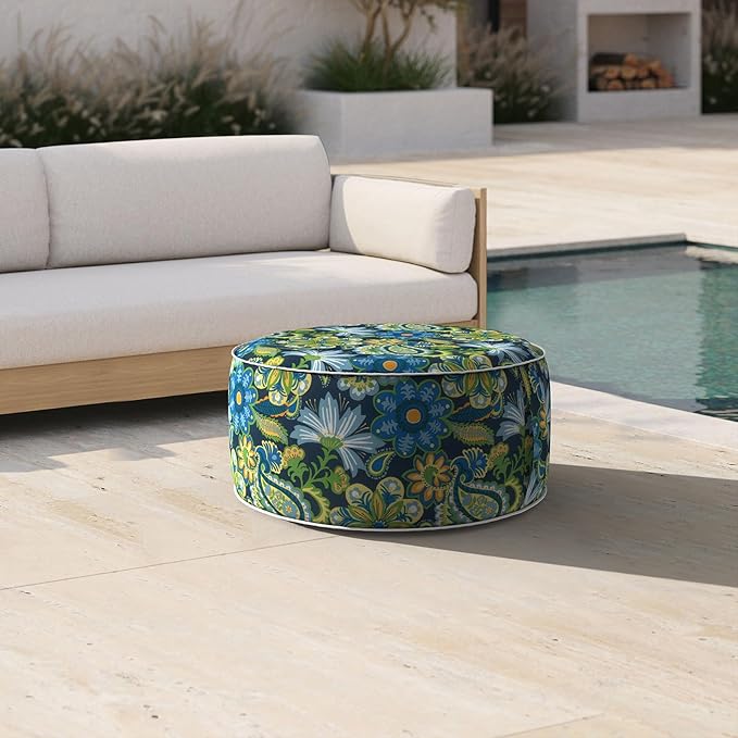 Inflatable Ottoman Stool D21 xH9 for Outdoor/Indoor Use, Water Repellent Patio Foot Rest with Portable Handle,Round Pouf Ottoman Suitable for Garden,Deck and Camping-Flower Child
