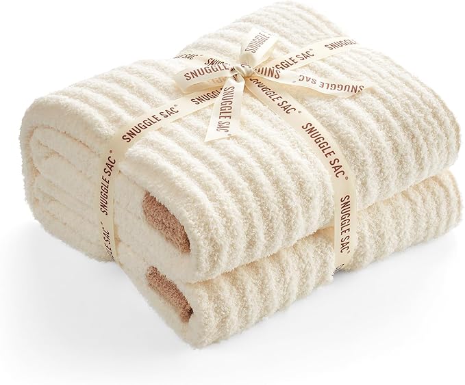 Snuggle Sac Fluffy Ribbed Cream Blanket Twin Size, Soft Luxurious Knit Throws, Fuzzy Plush Microfiber Blankets for Couch, Sofa, Bed, Cream, 60x80 inches