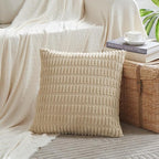 Fancy Homi 4 Packs Tan Decorative Throw Pillow Covers 22x22 Inch for Living Room Couch Bed Sofa, Beige Rustic Farmhouse Boho Home Decor, Soft Plush Striped Corduroy Square Cushion Case 55x55 cm