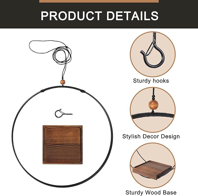 Hanging Plant Holder Indoor, Modern Boho Hanging Planter with Sturdy Wood Base, Unique Ceiling Plant Hangers for Indoor Plants, Ceiling Window Wall Home Decor (Black, Fit 3-5.5inch Pot)