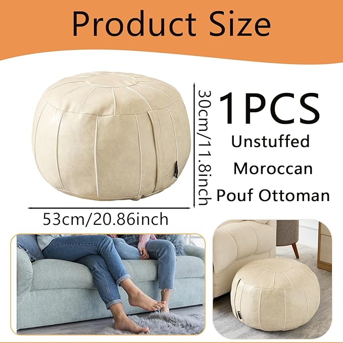 Louis Donné Unstuffed Pouf Ottoman Cover, 21Inch Moroccan Handmade Faux Leather Footstool Pouffe Ottomans Cover, Round Storage Pouf Stool Exotic Home Décor for Living Room Bedroom(ONLY Cover)