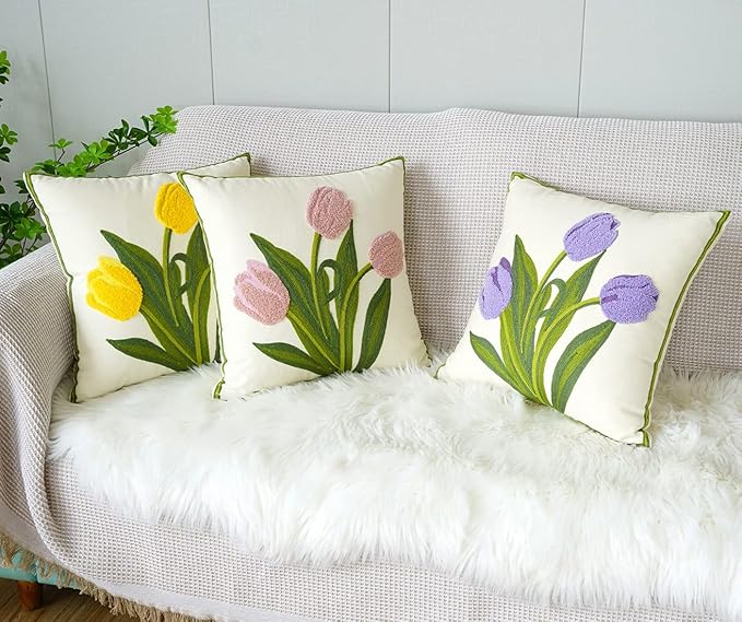 vctops Farmhouse Tulip Cotton Tufted Throw Pillow Cover Spring Floral Embroidery Pillowcase Soft Square Cushion Case for Sofa Couch Bed Chair (Yellow,18"x18")