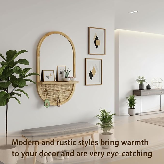 Wall Mirror with Hooks, 30x18 Inch Boho Wall Mirror with Removable Shelf, Oval Solid Wood Framed, Handmade Rattan Mirror Decor Accent for Entryway, Bathroom, Nursery, Bedroom, Living Room