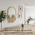 Wall Mirror with Hooks, 30x18 Inch Boho Wall Mirror with Removable Shelf, Oval Solid Wood Framed, Handmade Rattan Mirror Decor Accent for Entryway, Bathroom, Nursery, Bedroom, Living Room
