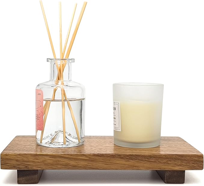 Small 10" Acacia Wood Riser Pedestal Stand – Farmhouse Wood Display Riser for Kitchen and Bathroom Décor - Counter Display, Plant Stand, Jewelry Holder, Vanity Tray, Candle Stand (S:10"x5.6"x1.57")