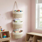 3-Tier Cotton Rope Wall Hanging Storage Baskets, Woven Over The Door Hanging Organizer for Bathroom Bedroom Living Room Nursery, Boho Hanging Shelves for Towels Toys Cosmetics (Beige & White)