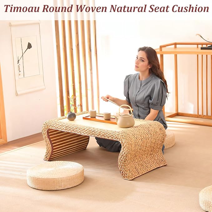 Round Woven Floor Pillow Natural Seat Cushion, Straw Flat Seat Cushion, Handmade Floor Pouf Mat, Ottoman Footstool for Meditation, Zen, Yoga Practice or Buddham (15.74" Dia. x 3.94" H)