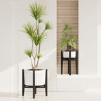 iDavosic.ly Adjustable Plant Pot Stand 2 Pack Indoor Outdoor, Mid Century Modern Bamboo Short Single Flower Holder Fits 8 to 12 Inch Large Heavy Duty Planter (Not Included) | Black