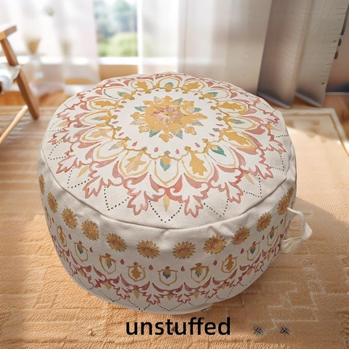 MOCOFO Round Bohemian Ottoman Pouf Cover, 18 Inch, Cotton Blend, Church Window Print, Living Room Storage Footrest, Cover Only (Light Tie-dye Pink)
