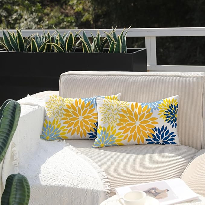 DFXSZ Yellow Blue Flower Pillow Covers 12x20 Inch Set of 2 Outdoor Throw Pillows Outdoor Waterproof Decor for Living Room Sofa Patio Funiture Garden Floral Polyester Pillow Covers 002J12