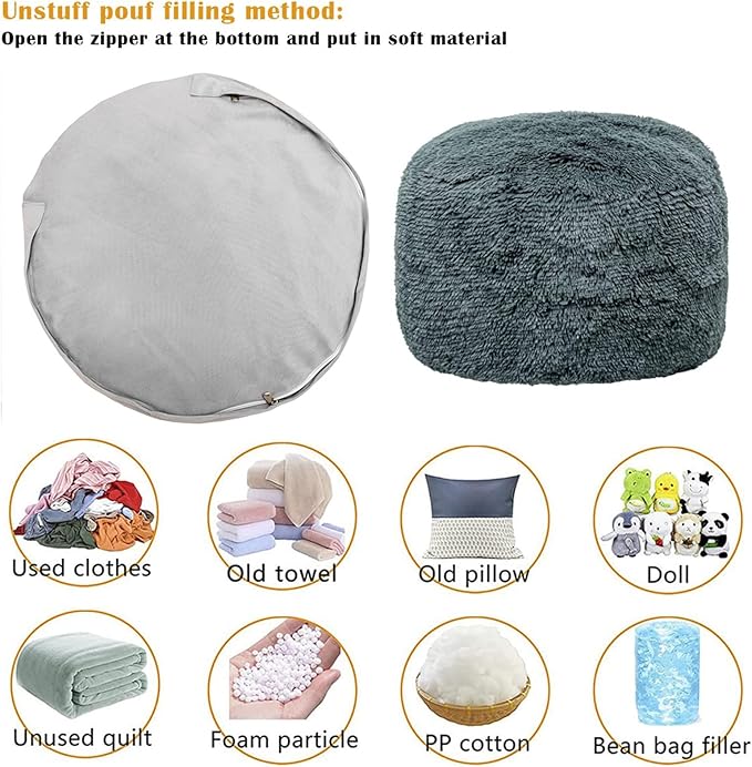 Fur Ottoman Stool Unstuffed Footstool Cover Floor Pouf NO Filler Foot Rest 20x12 In Round Poof Seat Bean Bag Chair Foldable Storage for Living Room Bedroom Cover ONLY Dark Gray