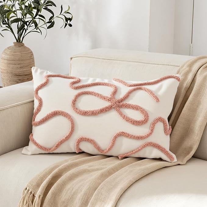 Pink Coquette Bow Throw Pillow Cover 12x 20, Boho Tufted Neutral Linen Pillow Cases Girls Bedroom Decor for Outdoor Couch Bedroom Car, Mauve