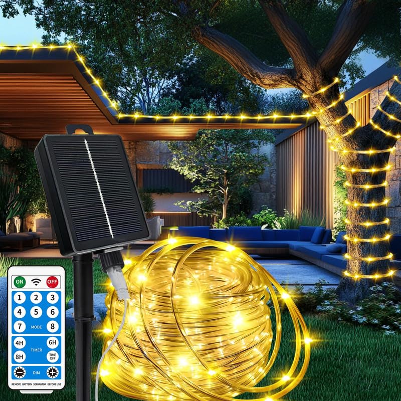 LairtPOW Solar Rope Lights with Remote for Tree Decor,72FT 200LEDs Outdoor Solar Strip Lights for Patio,IP67 Waterproof, USB Charging, Timing & 8 Modes Outdoor Fairy Light for Garden(Warm White) - color: Brighter-Warm White, size: 200 LED