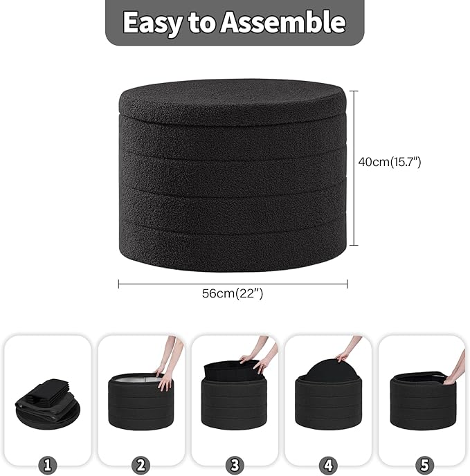 PINPLUS Round Storage Ottoman, Foldable Sherpa Ottoman Footstool Storage with Coffee Table for Living Room, Bedroom, Dorm (Dark Grey)