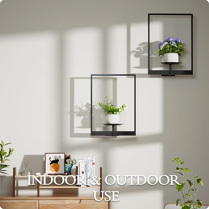 Black Metal Wall Plant Holder - 2-Pack Wall Mounted Plant Stands and Hanging Holders for Indoor Planter and Flower Pot -Rectangle Decor Shelf for Plant Storage (Pot Not Included)