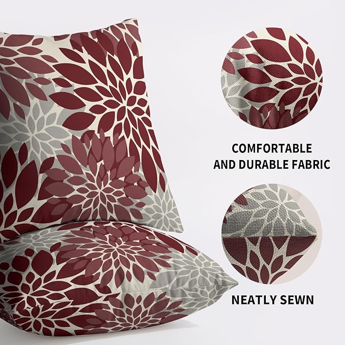 Burgundy Grey Gray Pillow Covers 18X18 Inch Set of 2, Dahlia Flower Spring Summer Floral Cream Decorative Throw Pillow Covers Outdoor Modern Farmhouse Cushion Case for Home Couch Sofa Bed Decor