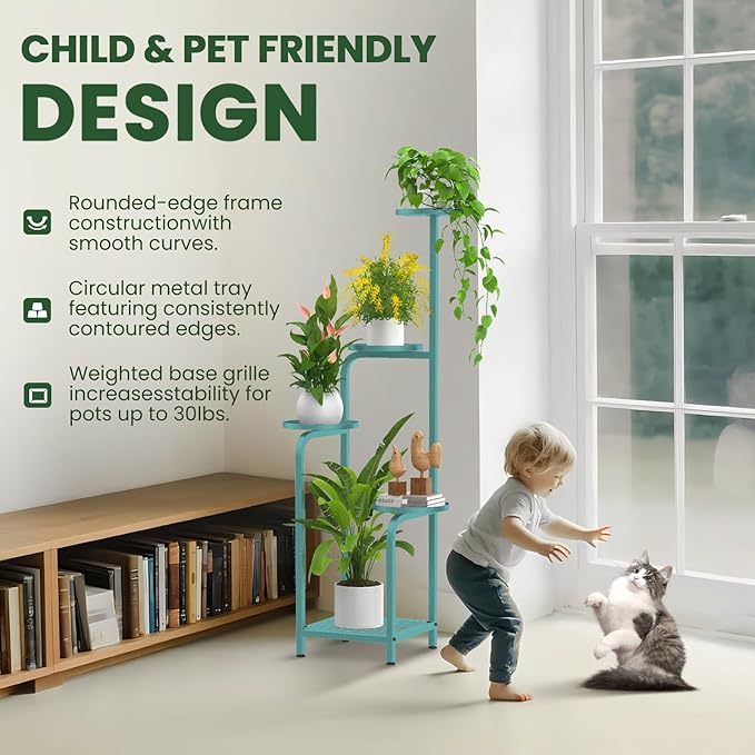 TOSKING 5 Tier Tall Plant Stand Indoor Outdoor,Anti-Tip Plant Stand indoor, Wide Base for Pots, Child and Pet Friendly,Heavy Duty Corner Shelf for Plants & Decor, Space Saving ,Tiered Metal Flower Pot Stand for Balcony, Garden, Living Room, Patio (Blue...