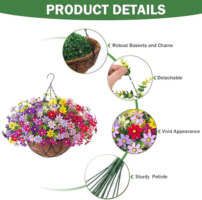 Artificial Flowers with Hanging Planter for Outdoor, Faux Silk Daisy UV Resistant Plants in Basket for Indoor Porch Garden Yard Spring Summer Decor(Rose Yellow)