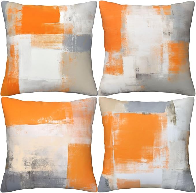 HOSTECCO Orange and Grey Throw Pillow Covers 18x18 inch Set of 4 Orange Abstract Art Pillow Cases Contemporary Square Decorative Cushion Covers for Sofa Couch Bed