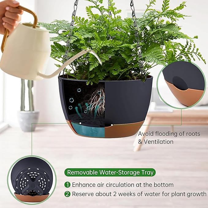 Set of 2 Hanging Planters for Indoor Outdoor Plants, 8 Inch Self-Watering Hanging Flower Pots with Drainage Hole & Removable Water-Storage Tray (Hooks)