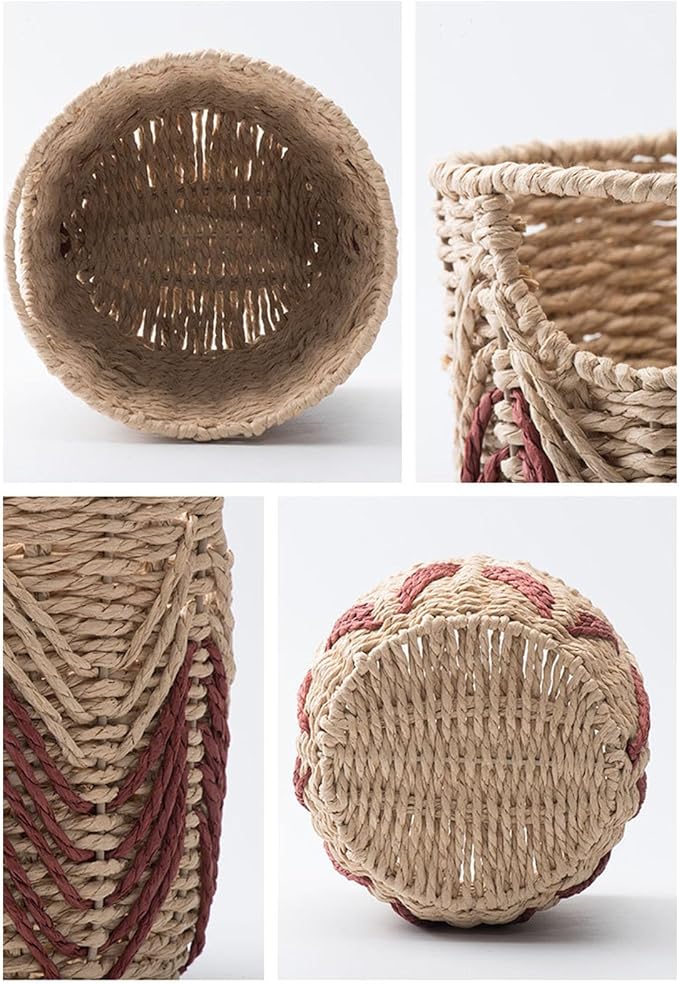 Woven Plant Basket, Wicker For Handwoven Round, Garden Pots For Indoor, Small Storage Bin Organizer, Baskets For And Home Decor (Red)