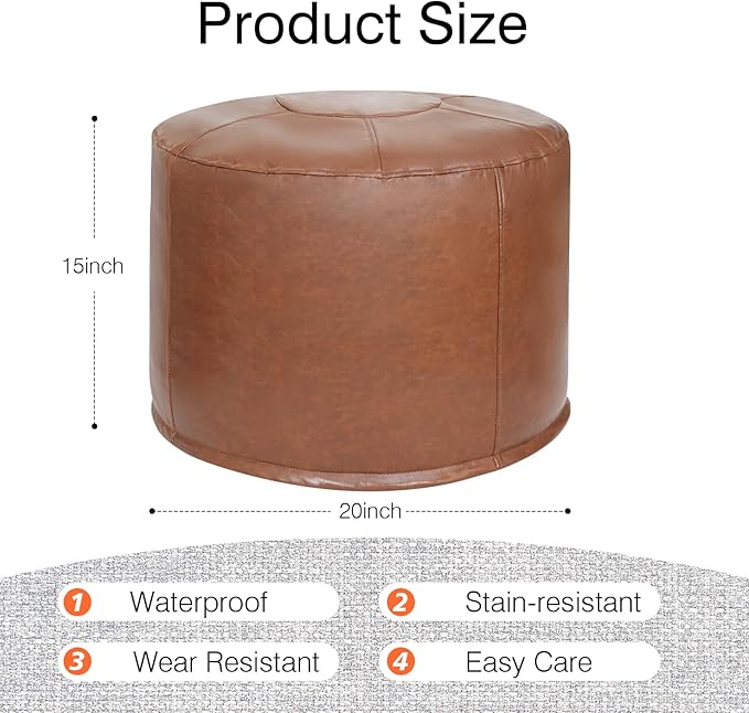 Unstuffed Ottoman Pouf Cover 20 X 15 Inch, Round Pu Leather Foot Stool, Floor Bean Bag(No Filler), Foot Rest with Storage for Living Room/Bedroom/Office, Brown