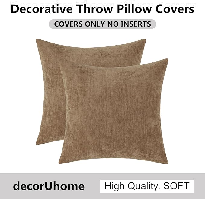 decorUhome Chenille Brown Spring Euro Sham Throw Pillow Covers 24x24 Inch Set of 2, Decorative Soft Couch Pillow Covers Solid Dyed Accent Farmhouse Neutral Square Pillow Cases for Sofa
