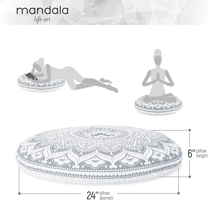 Mandala Life ART Yoga Decor Floor Cushion Cover - Round Meditation Pillow Case - Hand Printed Organic Cotton Pouf