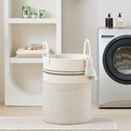 VIPOSCO Large Laundry Hamper, Tall Woven Rope Storage Basket for Blanket, Toys, Dirty Clothes in Living Room, Bathroom, Bedroom - 100L Stripe White