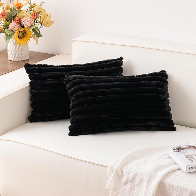 Pack of 2 Faux Fur Christmas Throw Pillow Covers 12x20 Inch, Soft Plush Striped Neutral Couch Pillow Cover, with Velvet Back Modern Home Decor for Sofa Living Room Couch Bed Black