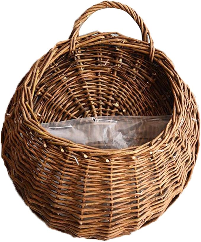 Woven Flower Basket, Pure Handmade Rattan Flower Pots with Handle, Easy Hanging, Wall Storage Woven Baskets, Wall Storage Basket for Garden Outdoor, Large