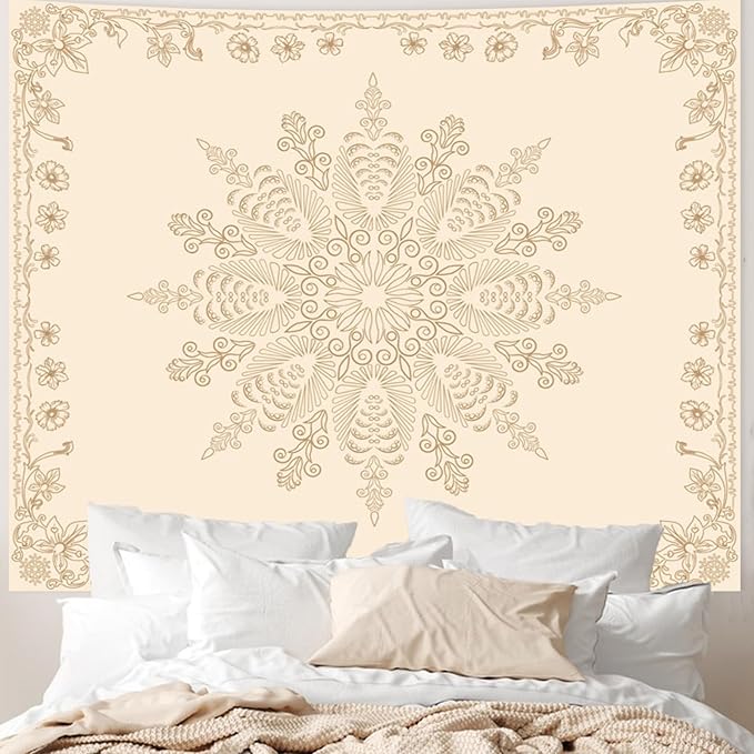 Apdidl Boho Mandala Floral Wall Tapestry for Bedroom Aesthetic, Bohemian Cute Flower Hippie Indian Beige Wall Hanging Blanket, Medallion Art Decor Tapestries for Teen Girls Living Room Dorm 51" X 60"