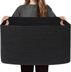 Black Basket for Blankets, 75L Large Woven Blanket Storage for Living Room, Cotton Rope Baskets for Organizing, Kids Dog Toy Bin Box, Rectangle Pillow Holder Organizer, 22”x17”x12”