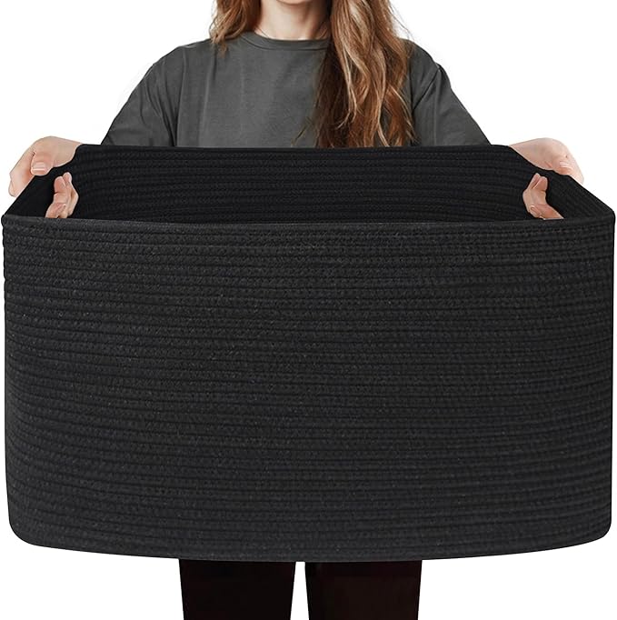 Black Basket for Blankets, 75L Large Woven Blanket Storage for Living Room, Cotton Rope Baskets for Organizing, Kids Dog Toy Bin Box, Rectangle Pillow Holder Organizer, 22”x17”x12”