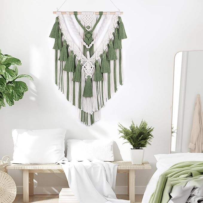 HVEST Green Macrame Wall Hanging Sage Green Boho Wall Tapestry Handmade Woven Tassel Tapestry, Boho Wall Decor for Bedroom Living Room Apartment Nursery Backdrop