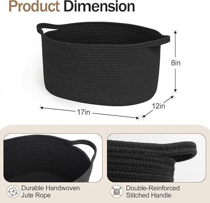 Black Woven Storage Basket, 17"x12"x8" Cotton Rope Baskets for Organizing Dog Toy, Gift, Book, Towel, Cloth, Shoe, Decorative Wicker Storage Bin for Shelves, Closet, Bathroom, Living Room