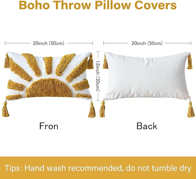 Boho Throw Pillow Covers 12x20 Inch Sun Tufted Lumbar Pillow Covers with Tassels, Bohemian Farmhouse Decorative Cushion Cover for Couch Sofa Bedroom Living Room Home Decor (Yellow-Thick)