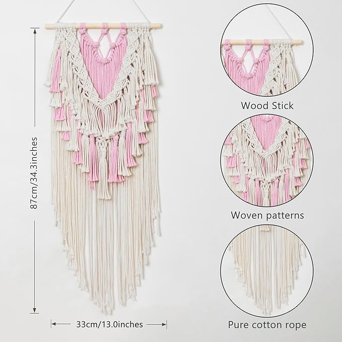 HVEST Pink Macrame Wall Hanging Boho Wall Decor Pink and Beige Tassel Woven Tapestry for Bedroom, Bohemian Tapestry for Girl Kids Room Living Room Nursery Dorm Wall Art Decor, 27L X 13W inches