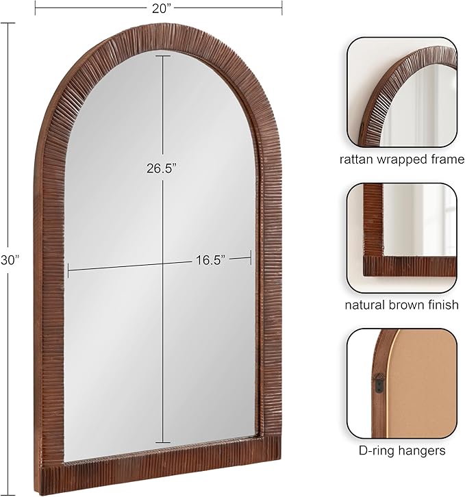 Kate and Laurel Rahfy Boho Arched Rattan Mirror; 20 x 30; Brown; Decorative Arch Wall Mirror with Authentic Rattan Frame for Vanity Bathroom Mirror